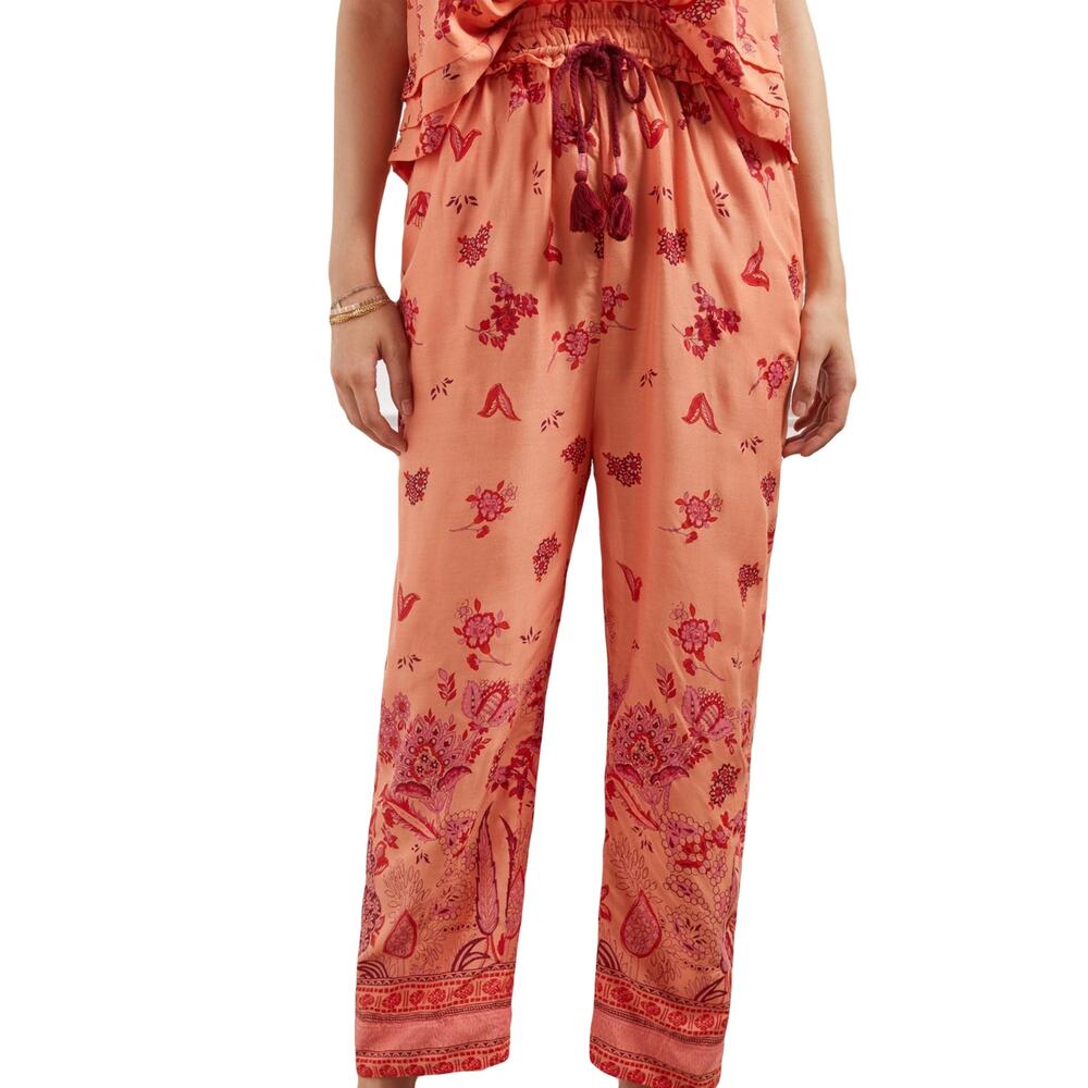 NWOT ANTHROPOLOGIE Pants Women S Coral Pink Floral Tassels Lounge Pajama Leisure